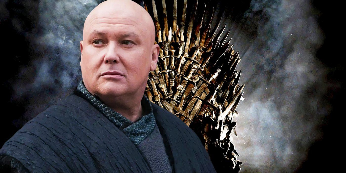 Custom image of Varys in front of the Iron Throne in Game of Thrones
