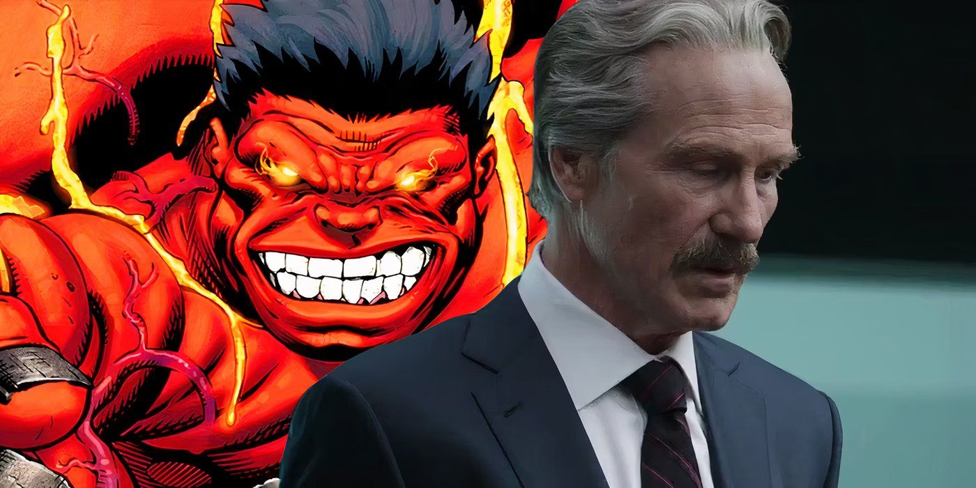 Custom image of William Hurt&rsquo;s Thunderbolt Ross talking to the Avengers in Captain America Civil War and Red Hulk grinning in marvel comics