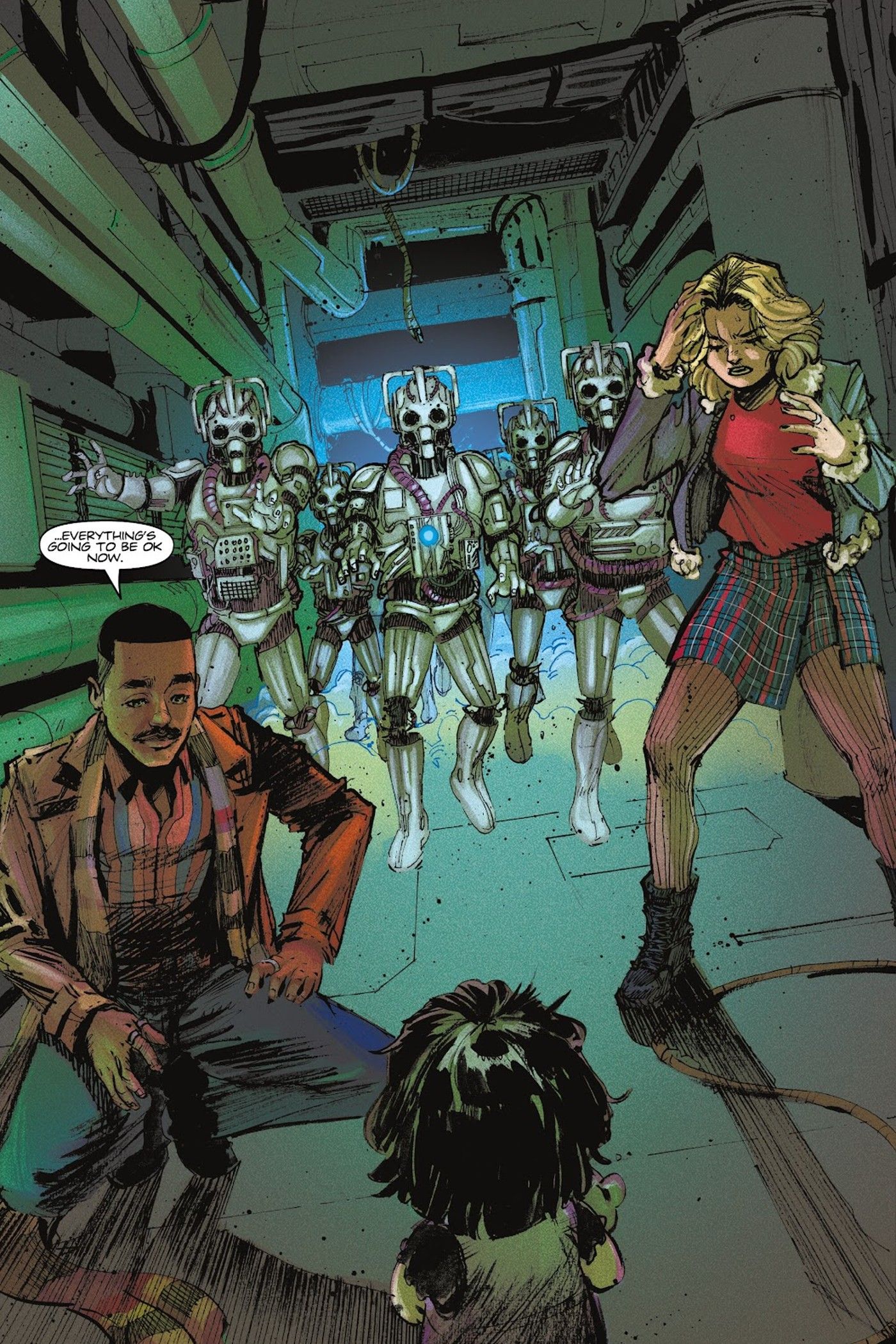 Cybermen se aproximam do 15º Doctor, Ruby Sunday, e de uma criança em Doctor Who: The Fifteenth Doctor #1