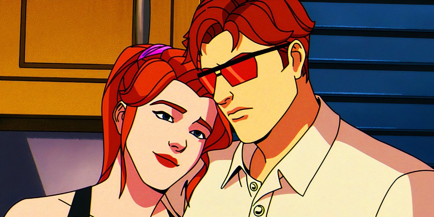 Cyclops and Madelyne Pryor cuddling in X-Men '97