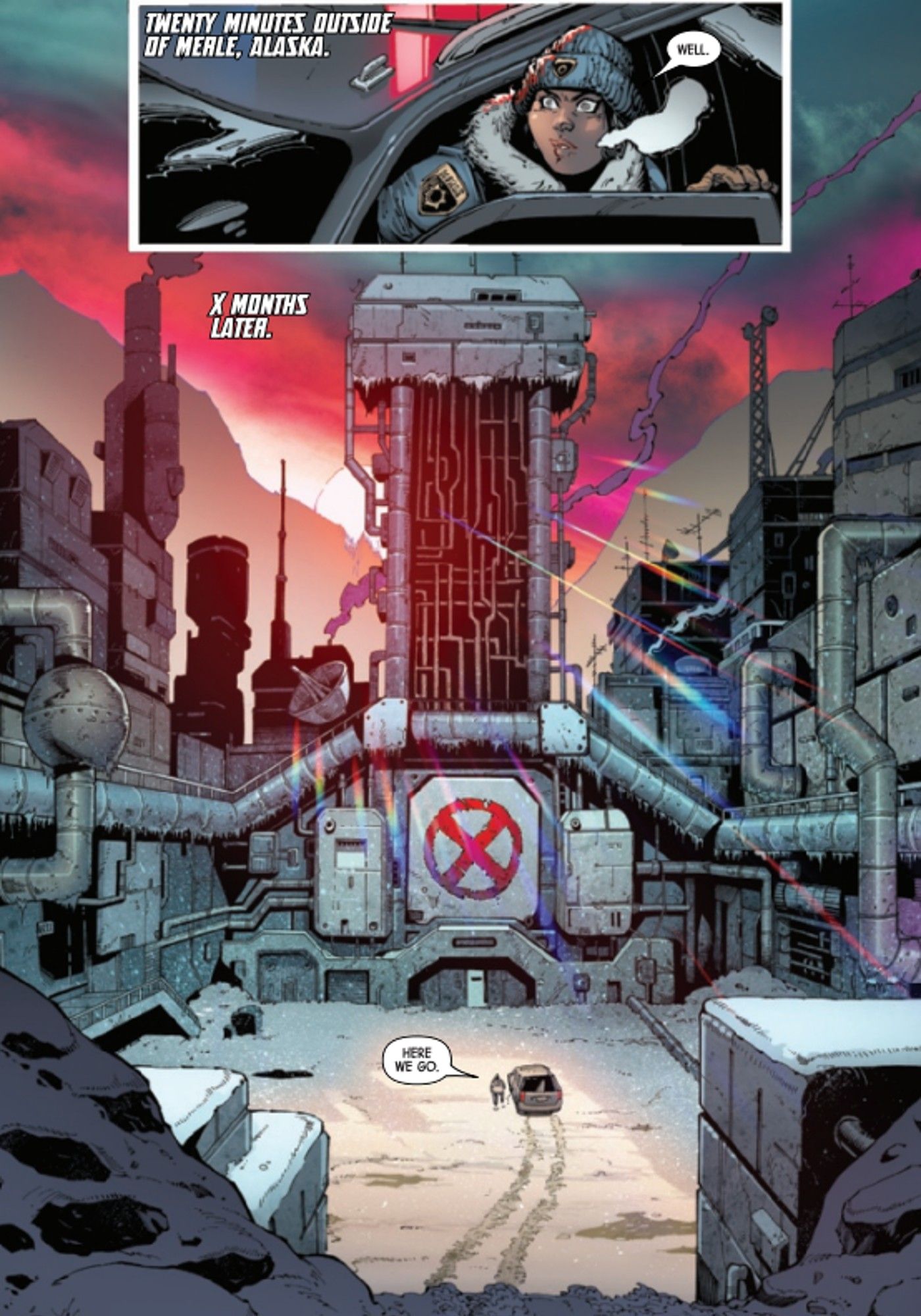 A nova base da equipe de Ciclope, uma antiga fábrica da Sentinel no Alasca, estreia em X-Men #1.