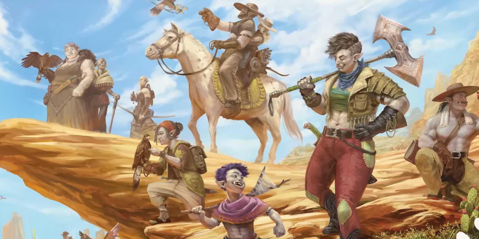 D&D PHB 2024 Art showing Orcs in a western desert setting getting along.