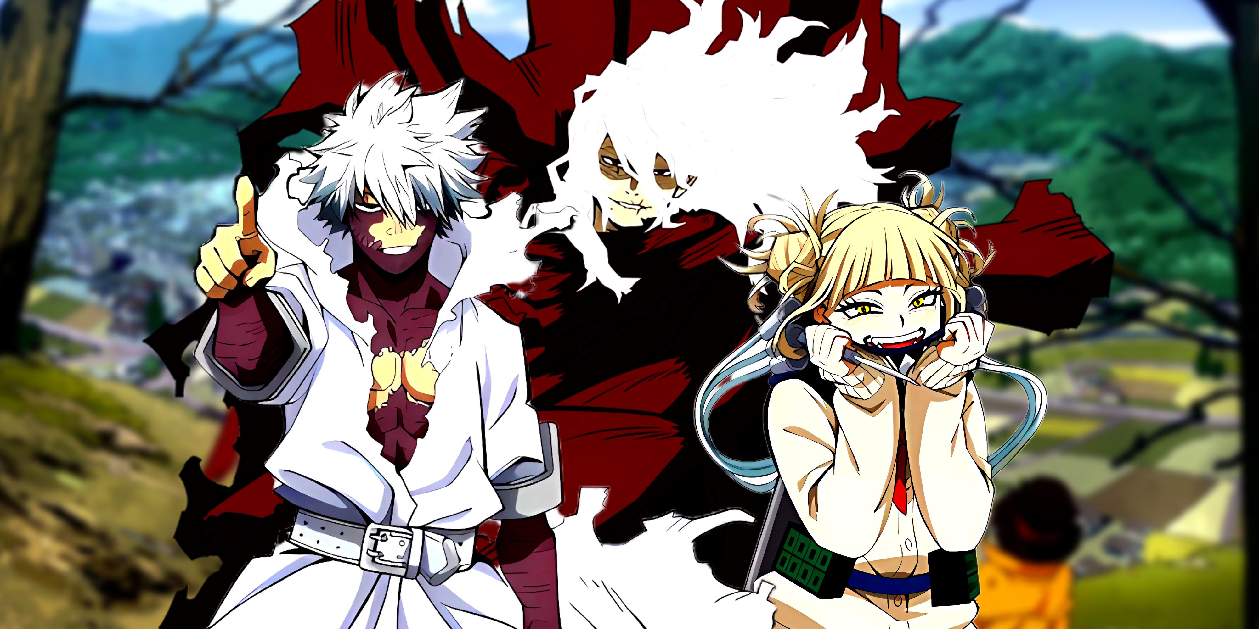 Dabi, Shigaraki, and Toga standing side by side. Behind them, Deika City can be seen.