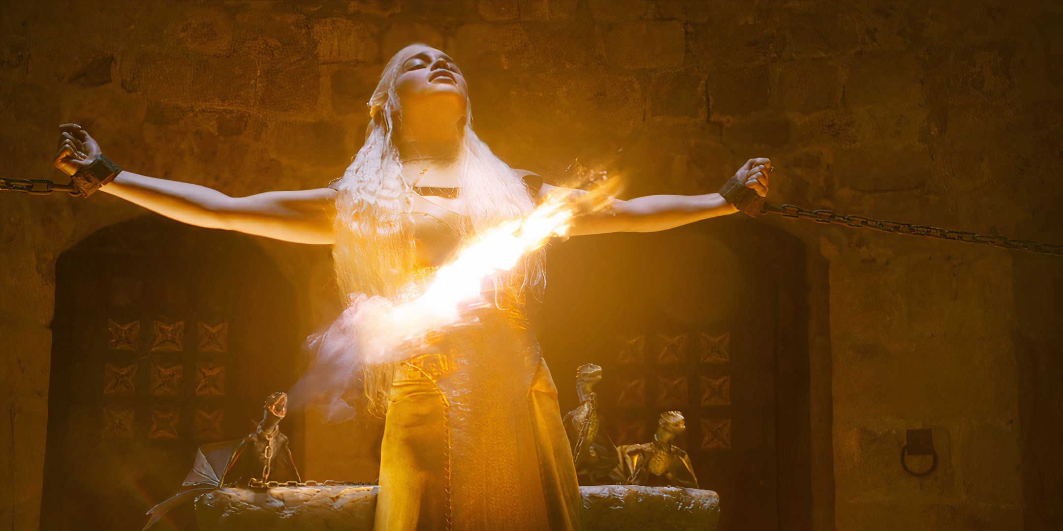 Daenerys with her baby dragons breathing fire at the House of the Undying in Game of Thrones