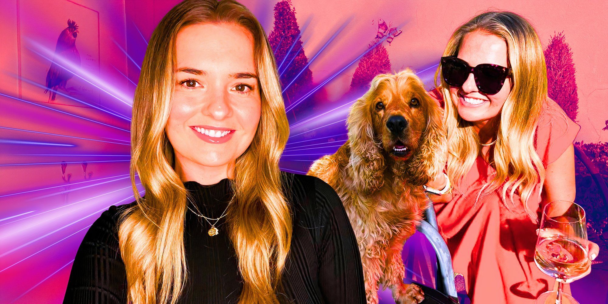 a montage of Daisy Kelliher with dog and sunglasses and smiling