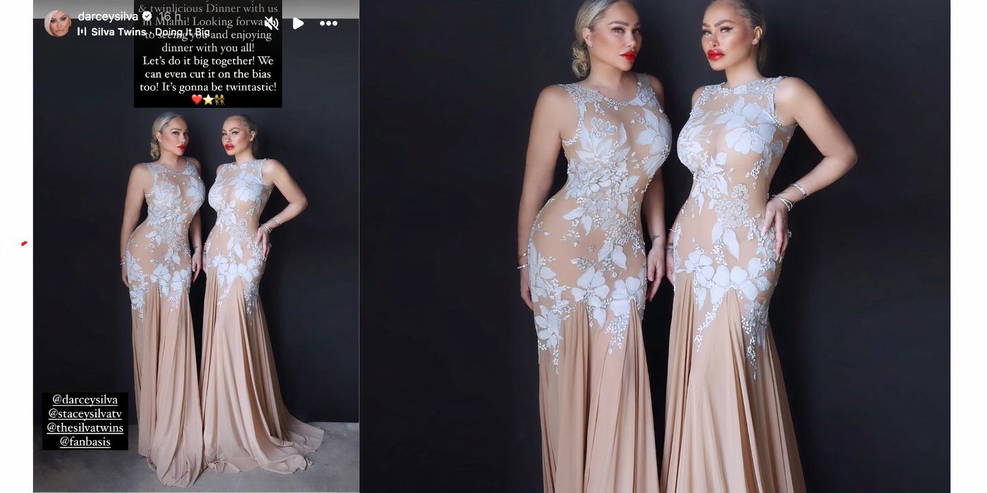 Darcy Silva y Stacey Silva en 90-Day Wedding con vestidos nude con bordados blancos para una hermosa sesión de fotos de moda