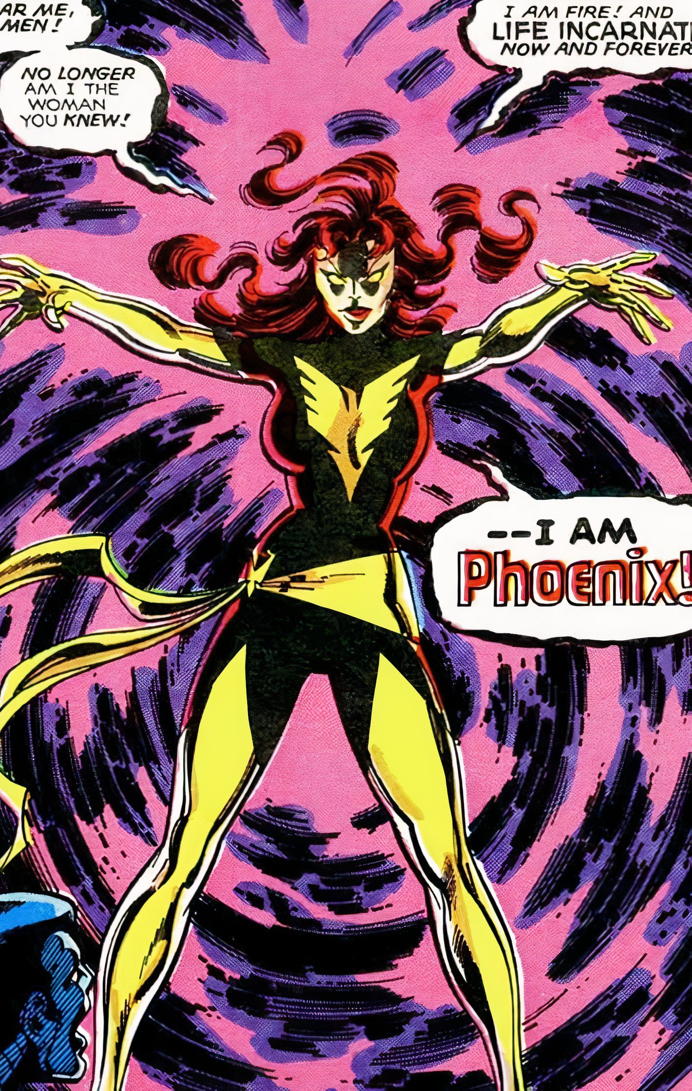Jean Grey menyatakan dirinya sebagai Phoenix untuk pertama kalinya, dikelilingi oleh energi ungu dan hitam yang berputar-putar.