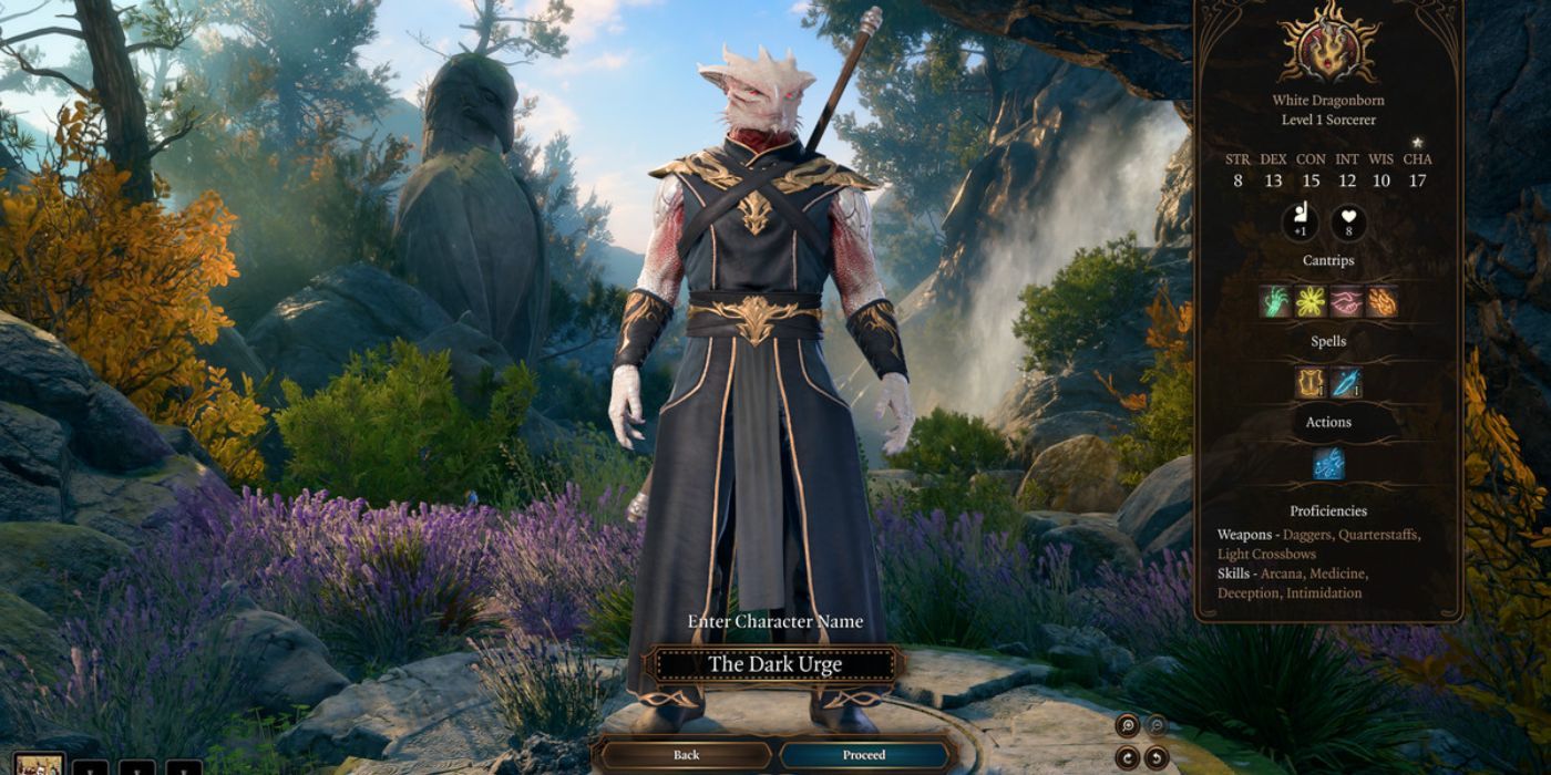 Jogador optando pelo Feiticeiro Dragão com Instinto Sombrio em Baldur's Gate 3.