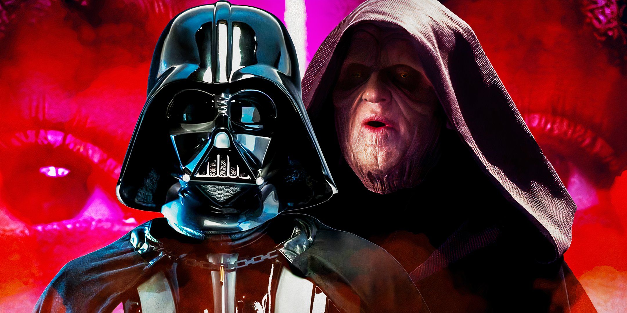 Darth Vader and Emperor Palpatine edited together over Mae's eyes in The Acolyte