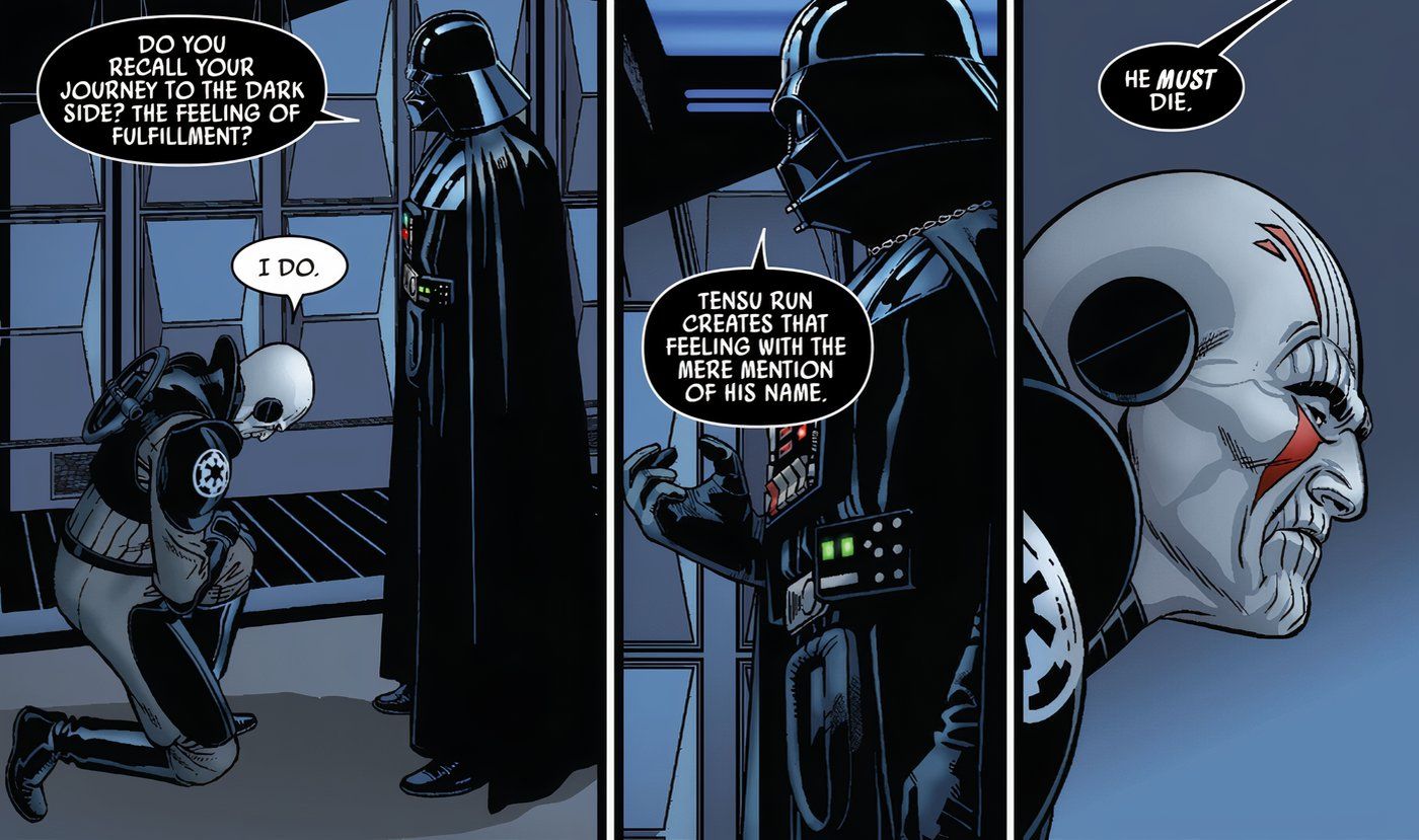 Star Wars' Grand Inquisitor kneeling at Darth Vader's feet.