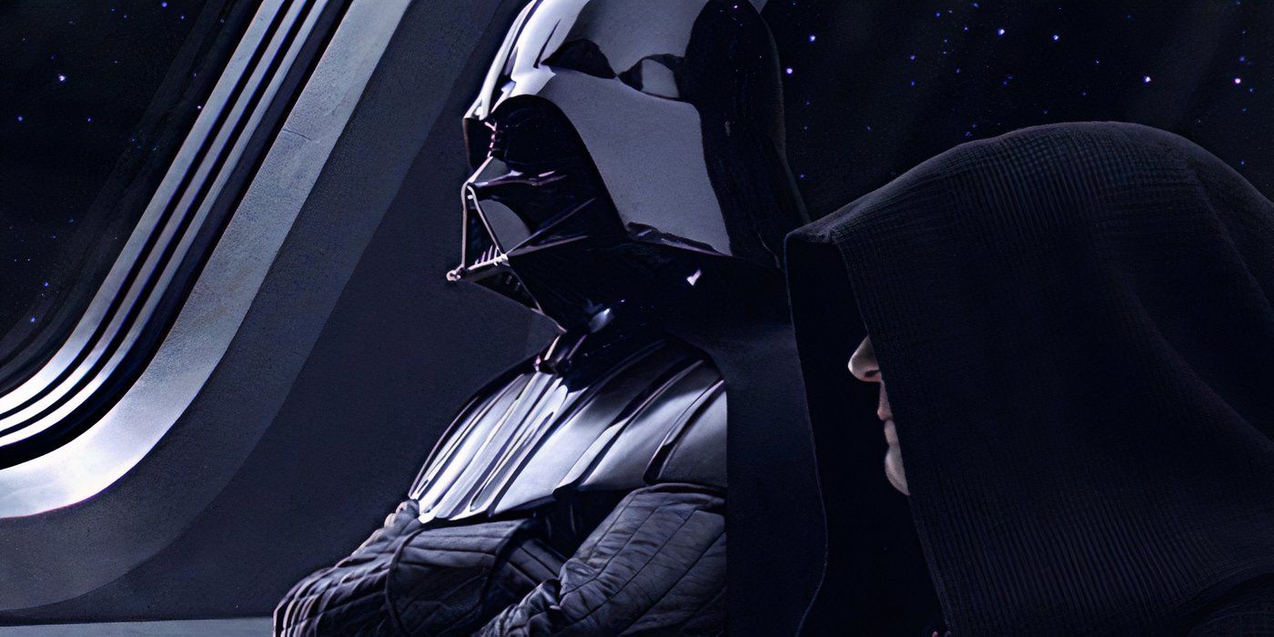 Darth Vader em pé com o Imperador Palpatine olhando para o espaço.