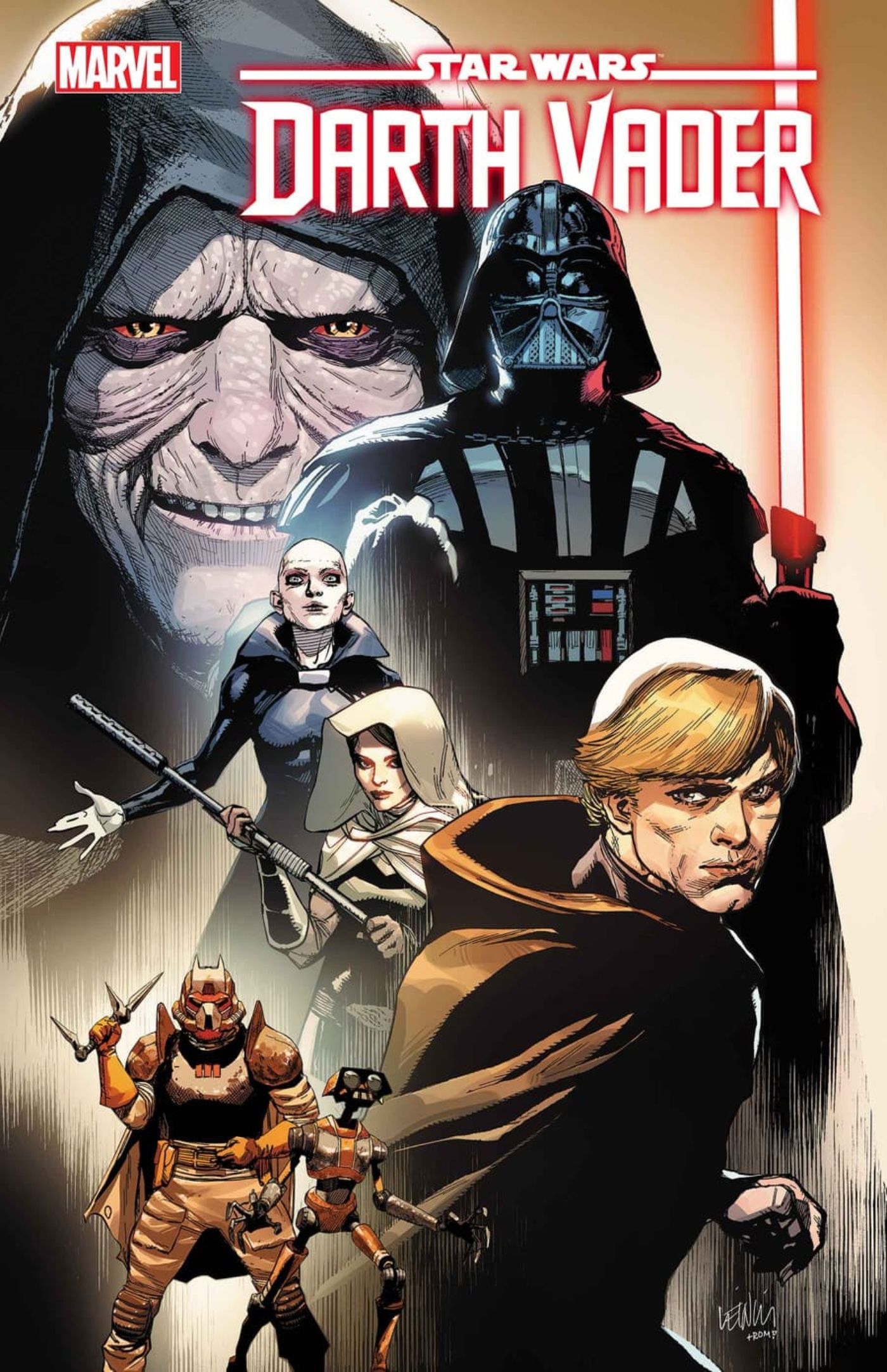 Capa de Star Wars: Darth Vader #50 com Darth Vader, Palpatine e Luke Skywalker.