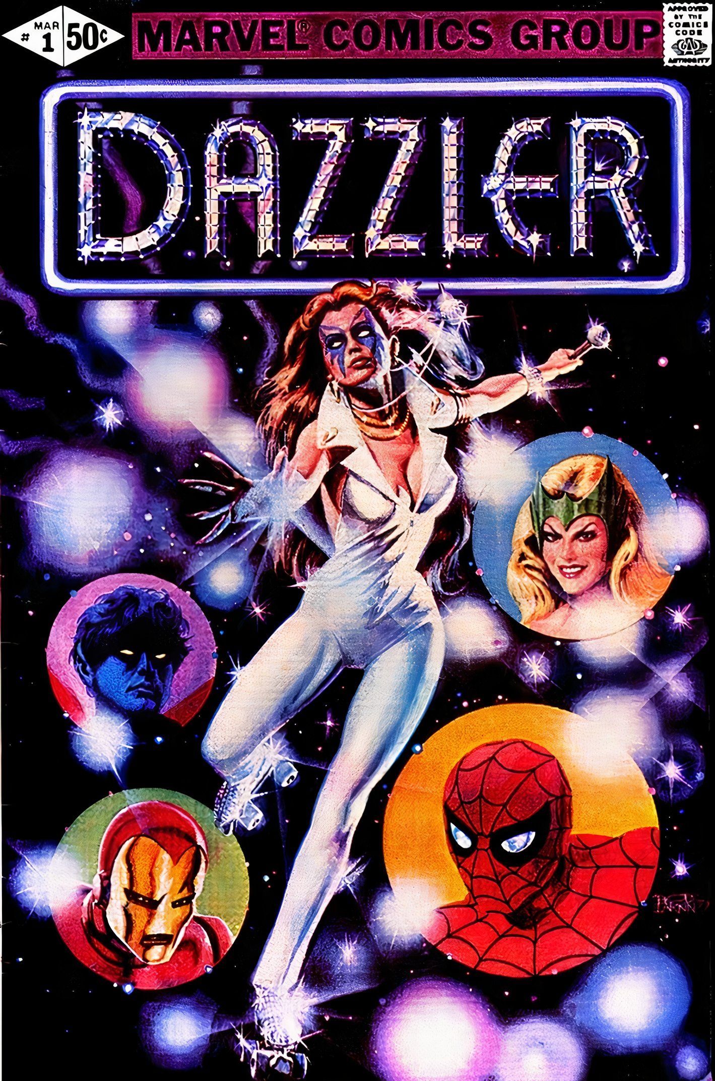 Capa para Dazzler #1, Dazzler posa cercada por orbes de várias cores e personagens.