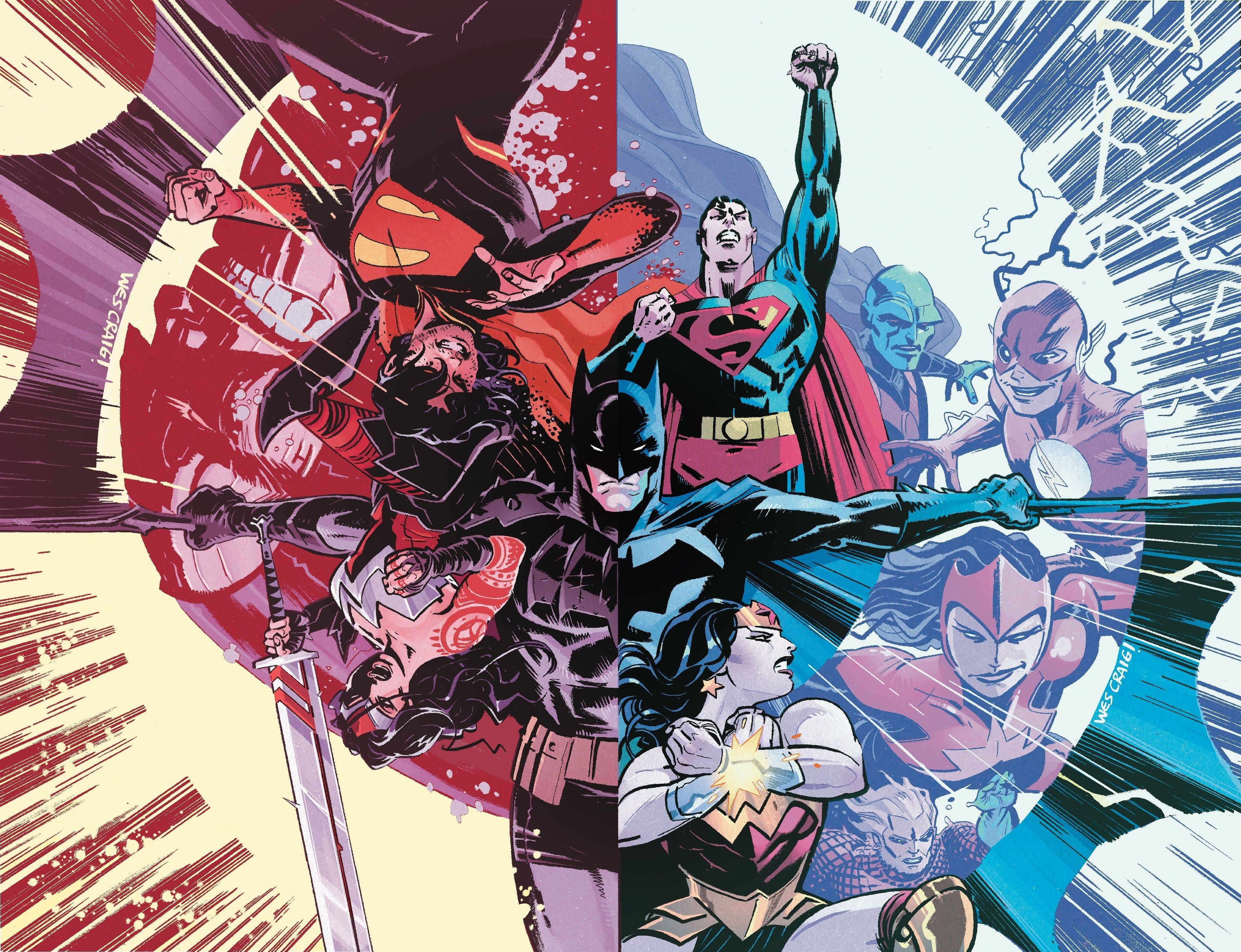 DC All In Special 1 Craig Variant Cover: uma imagem dividida da Liga da Justiça e da Trindade do Universo Absoluto.