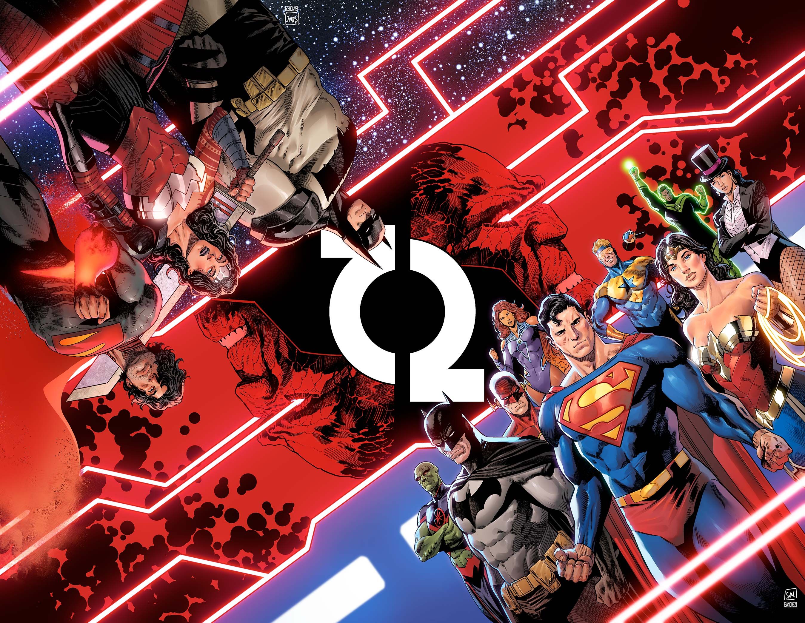 DC All In Special 1 Capa principal solicita: a Liga da Justiça e a Trindade do Universo Absoluto posam em lados opostos da página.