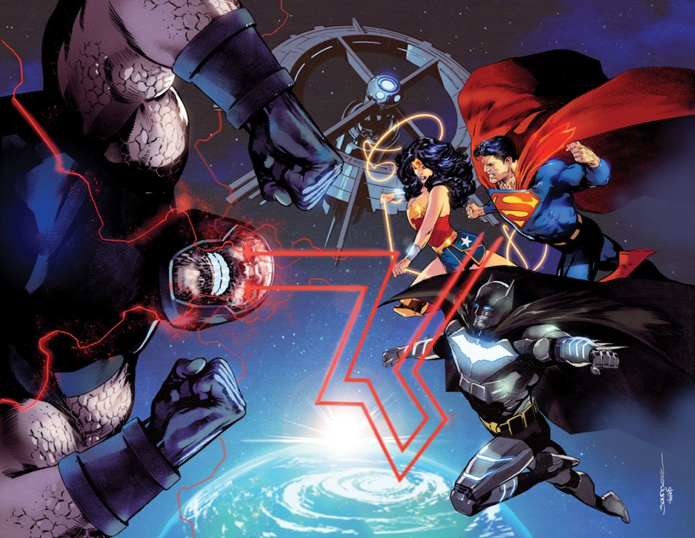 Capa da variante Sandoval do especial DC All In 1: Batman, Superman e Mulher-Maravilha atacam Darkseid no espaço.