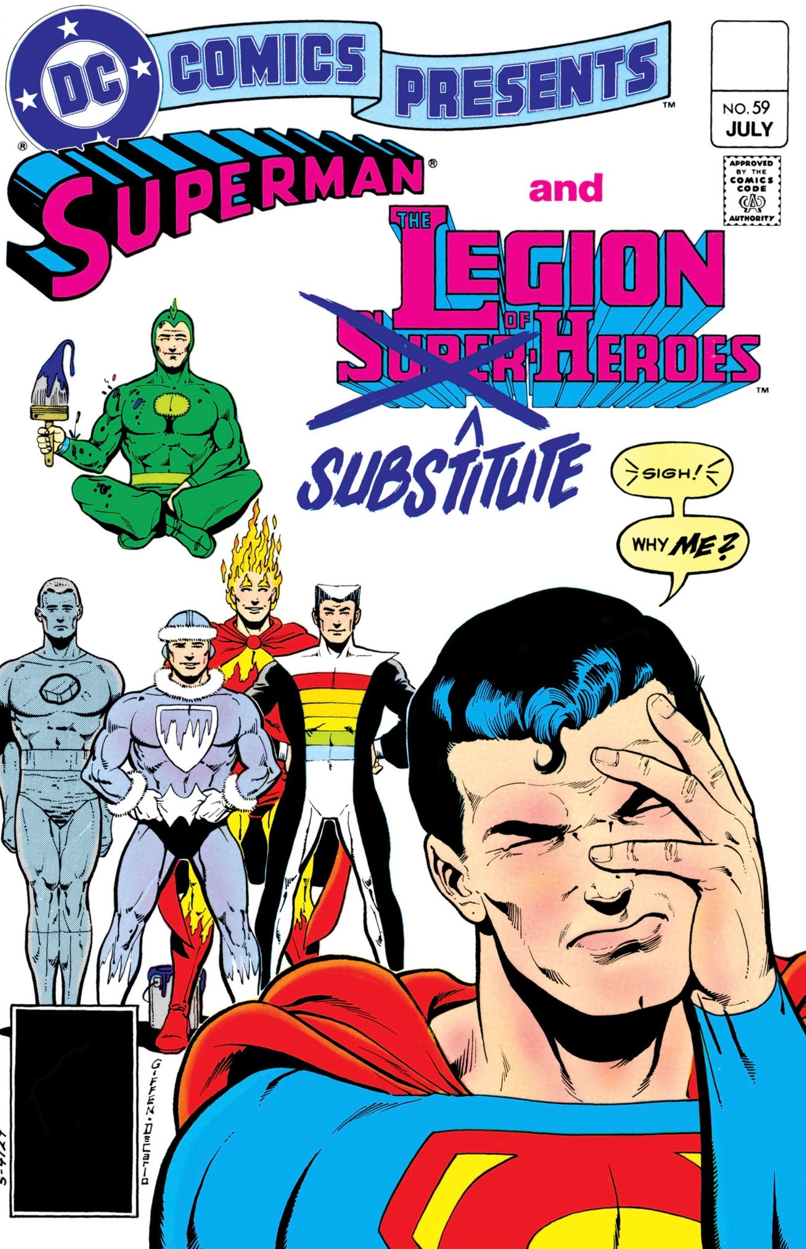 DC Comics apresenta 59 capa principal: Superman em frente à Legião de Heróis Substitutos