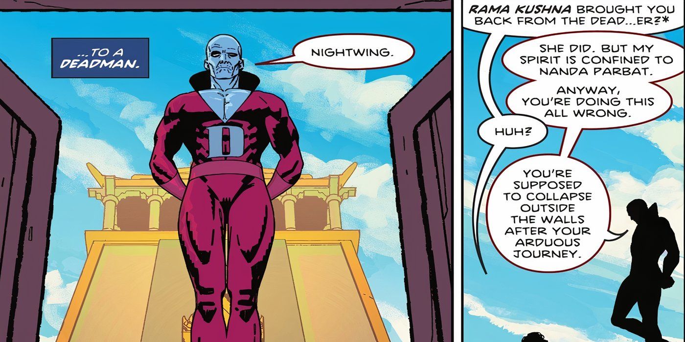 Two panels of Deadman talking to Nightwing