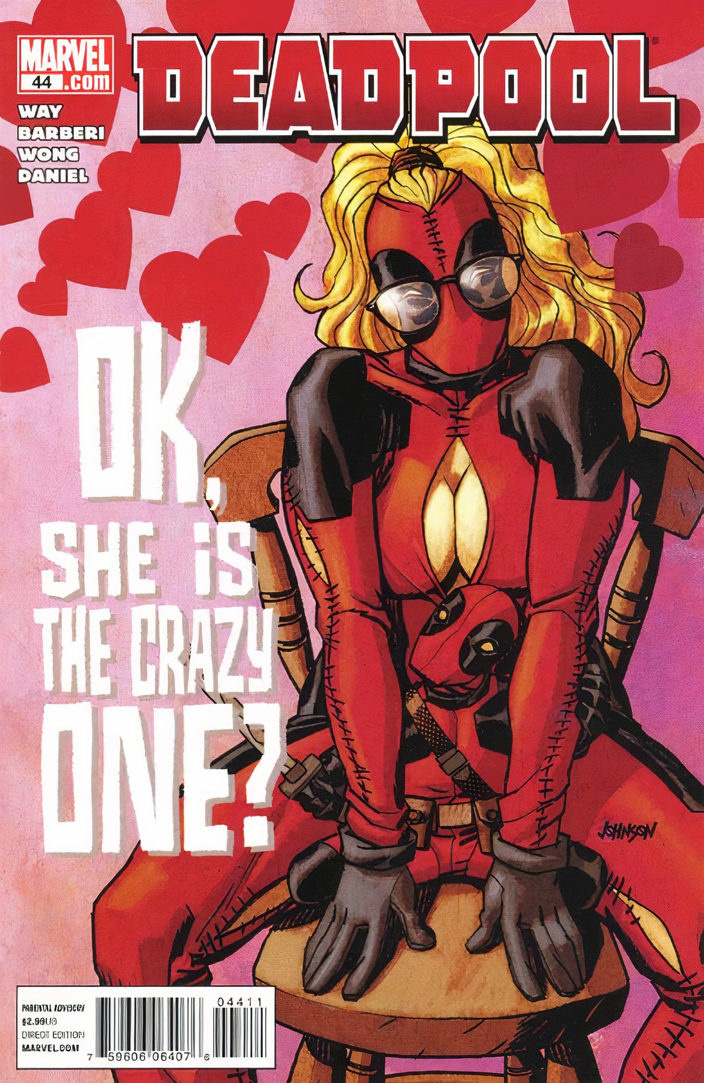 Capa da revista Deadpool #44, com a Dra. Ella Whitbey em sua réplica do traje de Deadpool