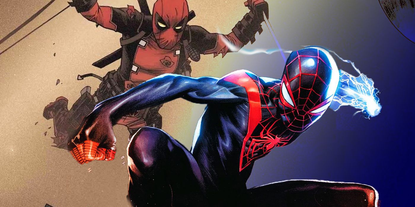 Deadpool leaps through the air with swords as Spider-Man Miles Morales readies his venom strike