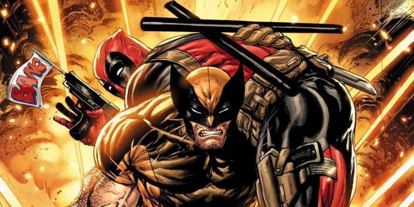 Wolverine carrying Deadpool away from an explosion in Marvel Comics.