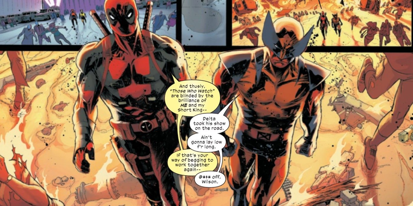 Deadpool and Wolverine walk side by side after defeating Delta's guns