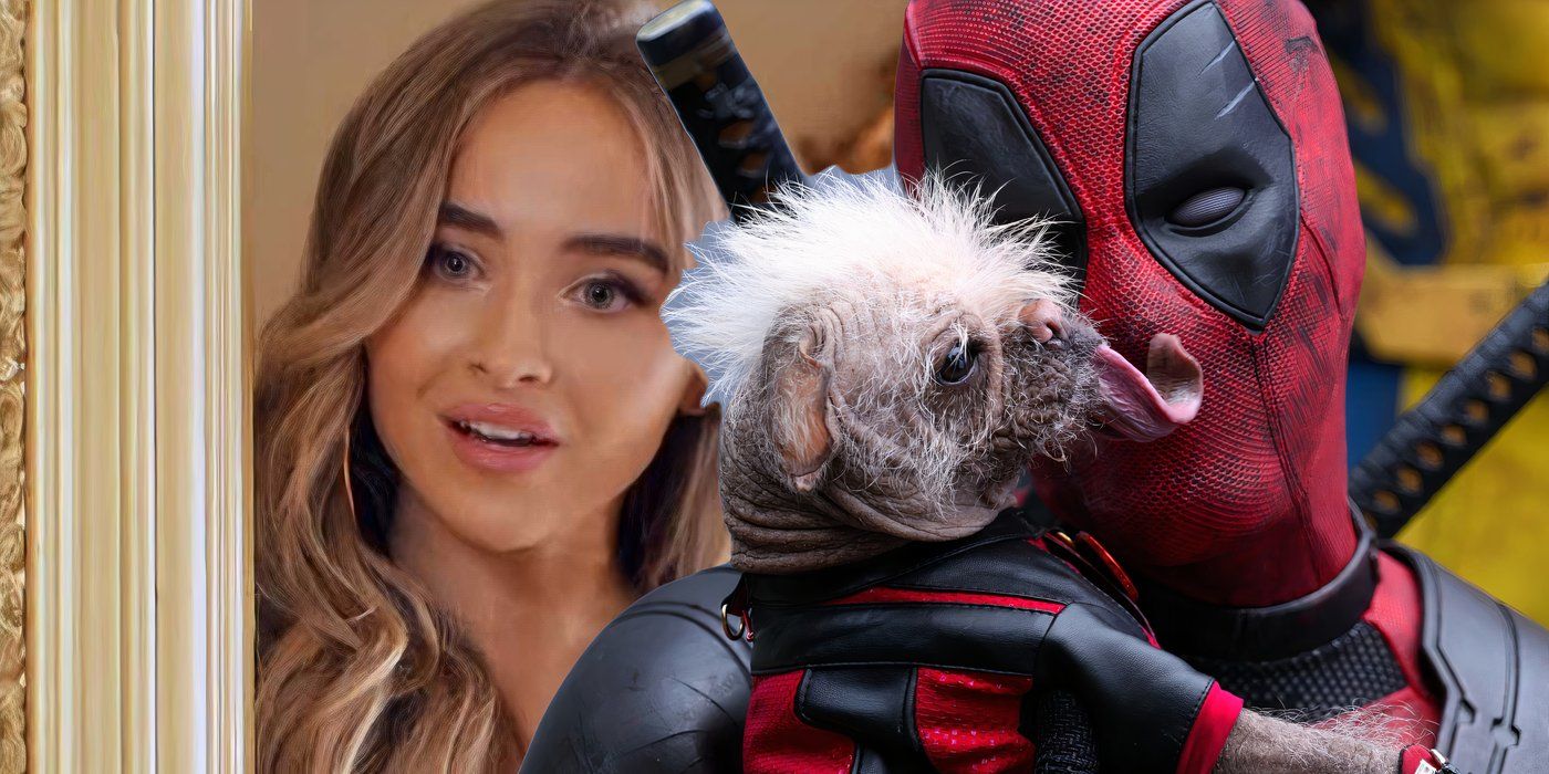 Deadpool being licked by Dogpool in front of an image of Sabrina Carpenter from the Please Please music video