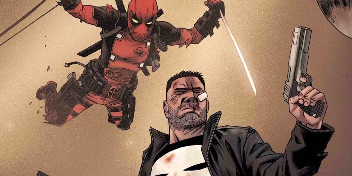 Deadpool leaps at the Punisher from behind, duel wielding swords