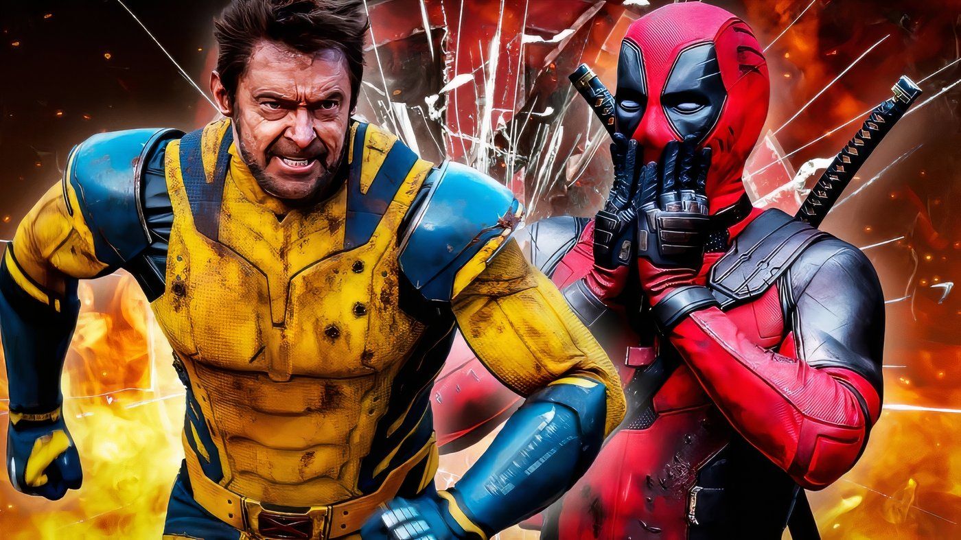 MCU's Deadpool puts his hands over his face in shock as Wolverine runs past him.