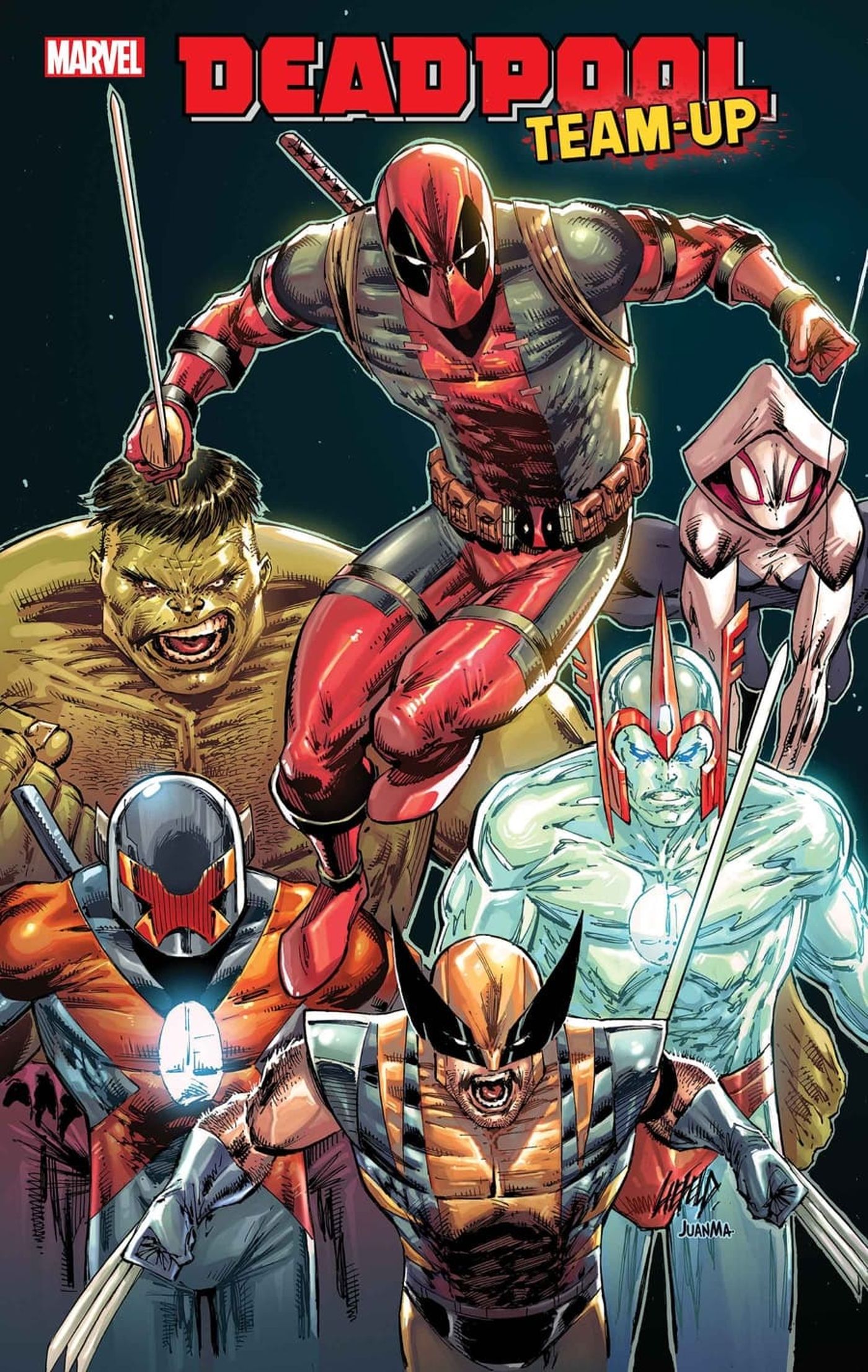 Arte da capa do Deadpool Team-Up #1 com Deadpool, Hulk, Wolverine, Spider-Gwen, Major X e Crystar
