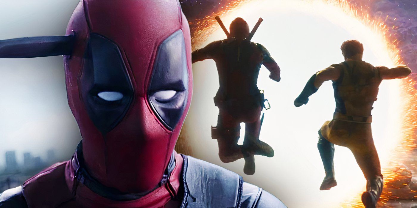 Deadpool with a knife in his head and jumping through a portal with Wolverine