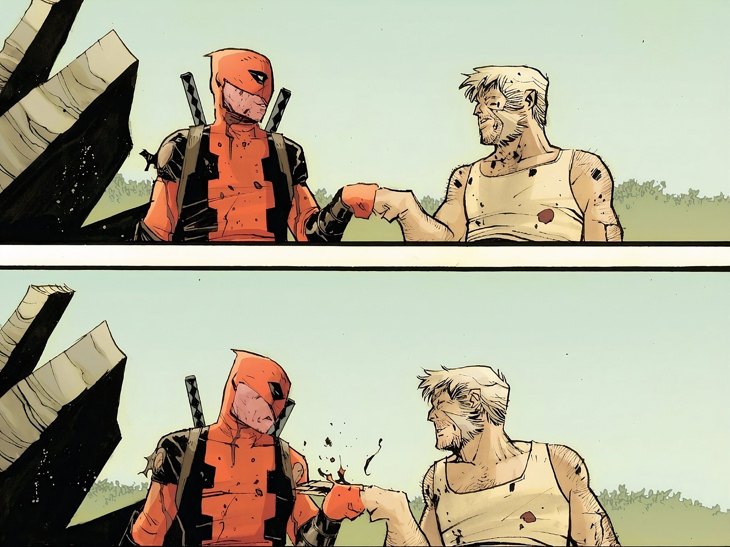 Deadpool and Old Man Logan fist bump but Logan opens his claws into Deadpool's fist.