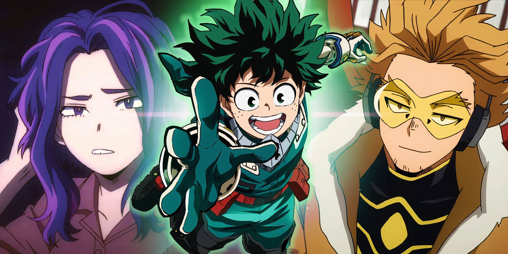 Deku from My Hero Academia looks happy and reaches out his hand, with Lady Nagant visible in the background on the left and hawks on the right.