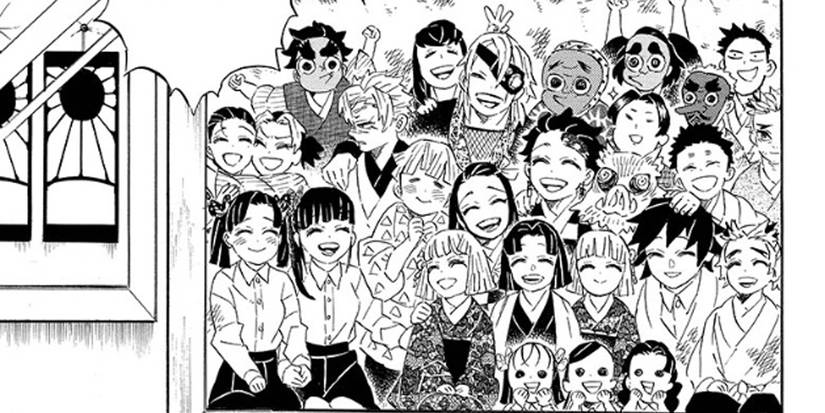 A group photo of everyone who survived to the end of Demon Slayer.