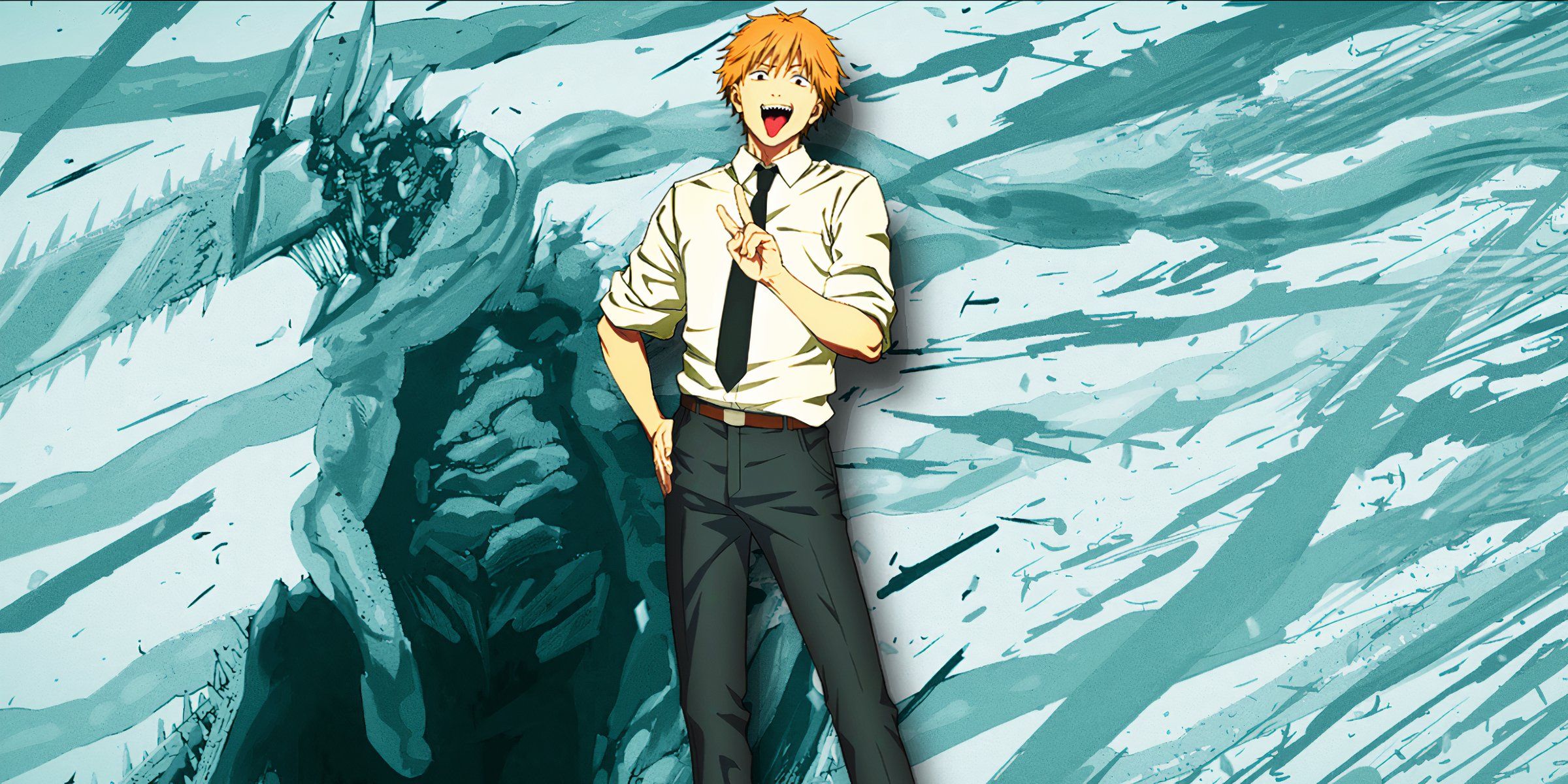 Chainsaw Man protagonist Denji in his human form, appears in front of "Armored Chainsaw Man".