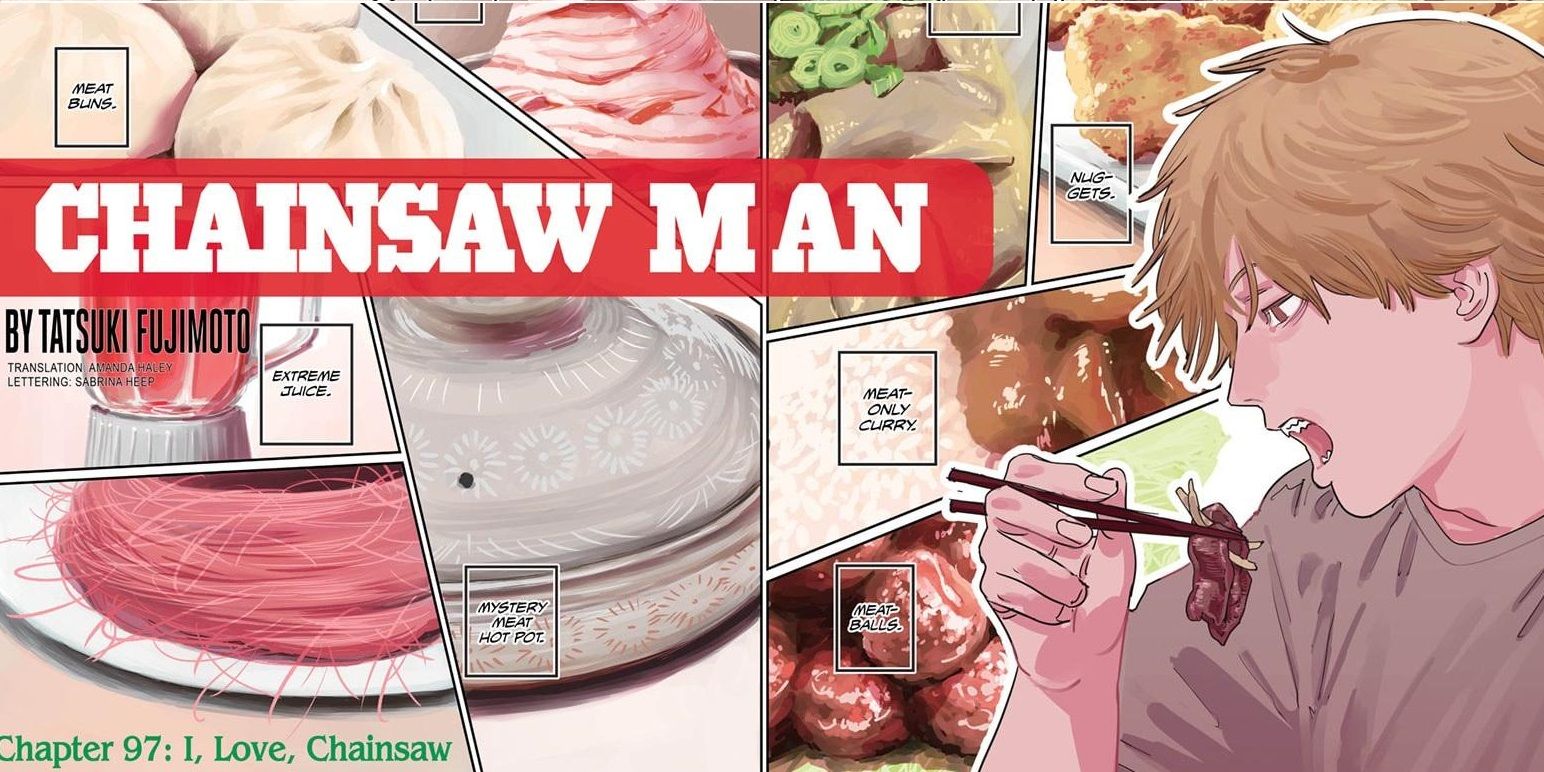 denji eating meat with chopsticks with meat in the background chainsaw man chapter 97 cover