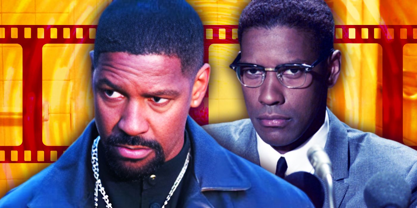 Denzel Washington in Training Day and Malcolm X In front of a Film Strip Background