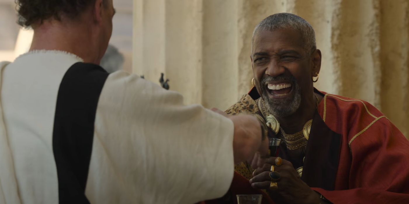 Denzel Washington laughing in Gladiator 2