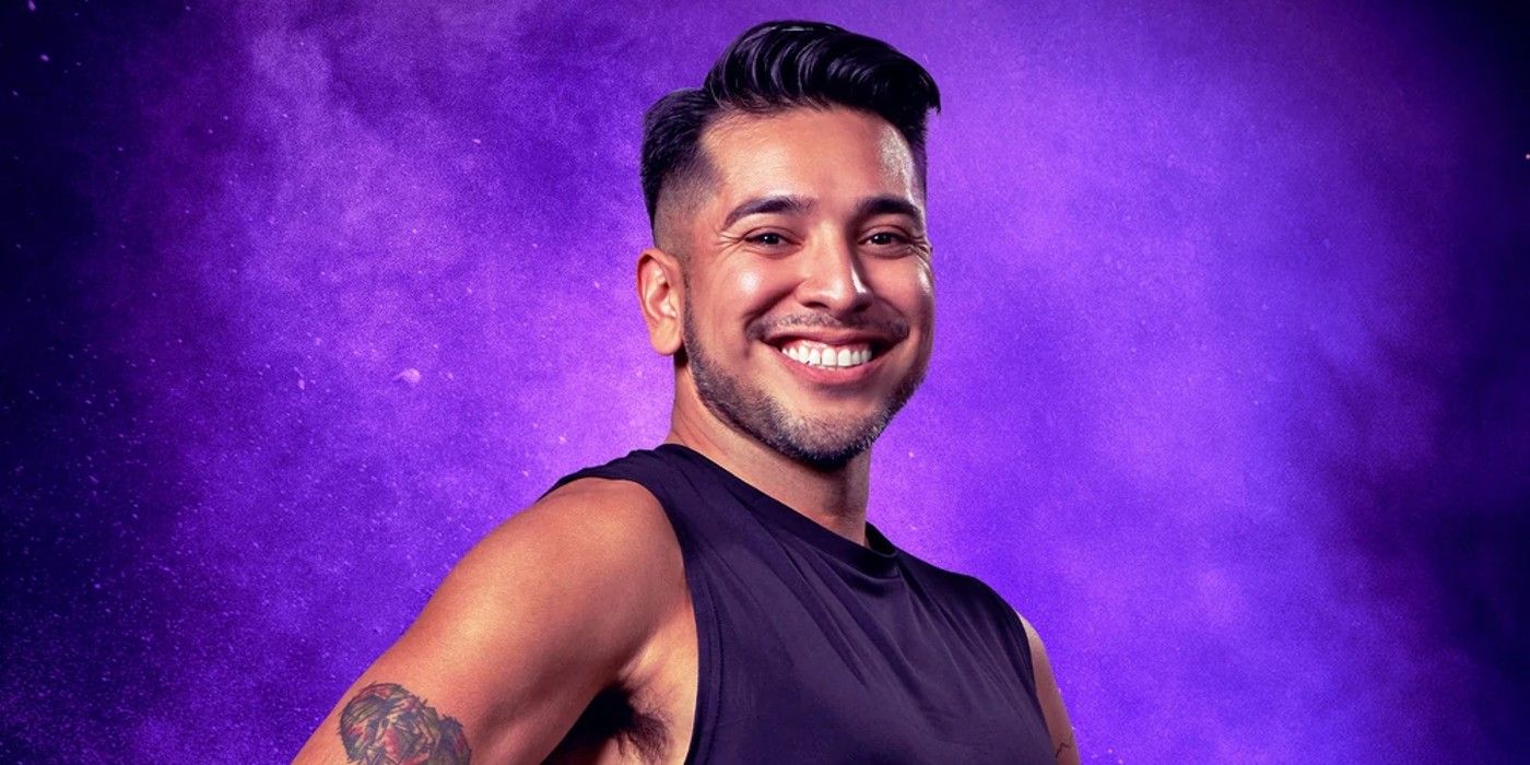 Derek Chavez from The Challenge Seaosn 40 smiling in front of a purple background.