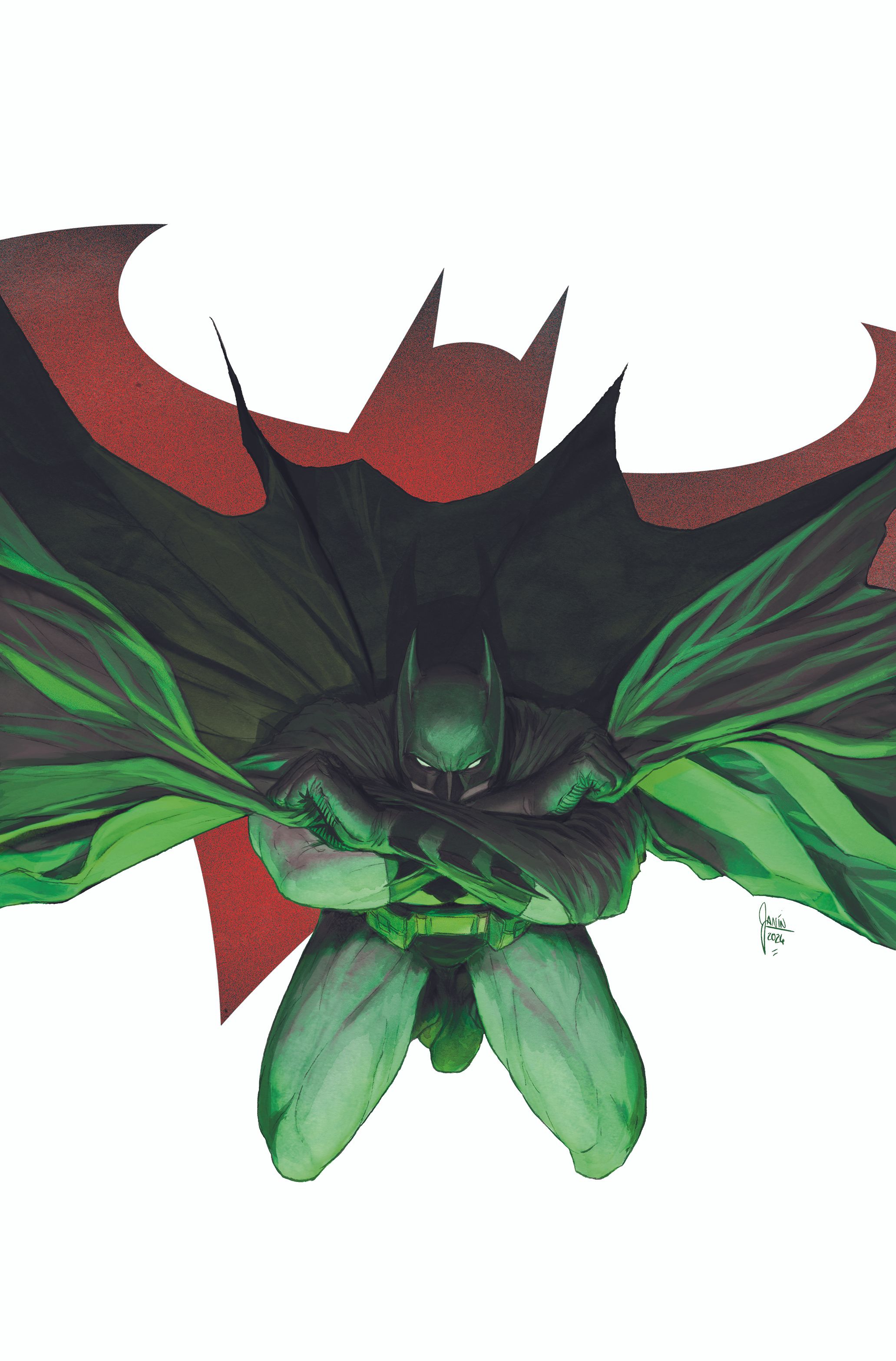 Capa principal da revista Detective Comics 1090: Batman salta para frente, puxando sua capa com os braços cruzados.