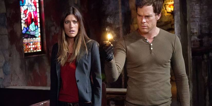 Dexter holding a match as Deb looks at him