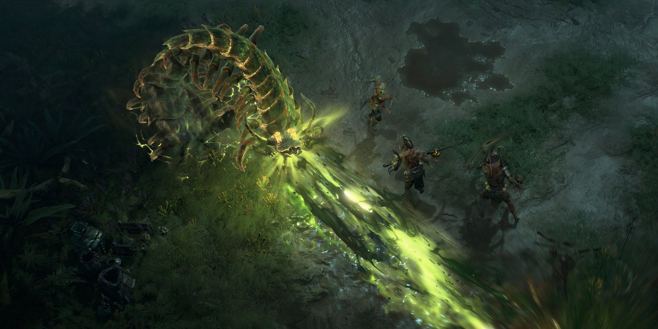 Diablo 4 Spiritborn com uma centopéia gigante brilhante vomitando veneno