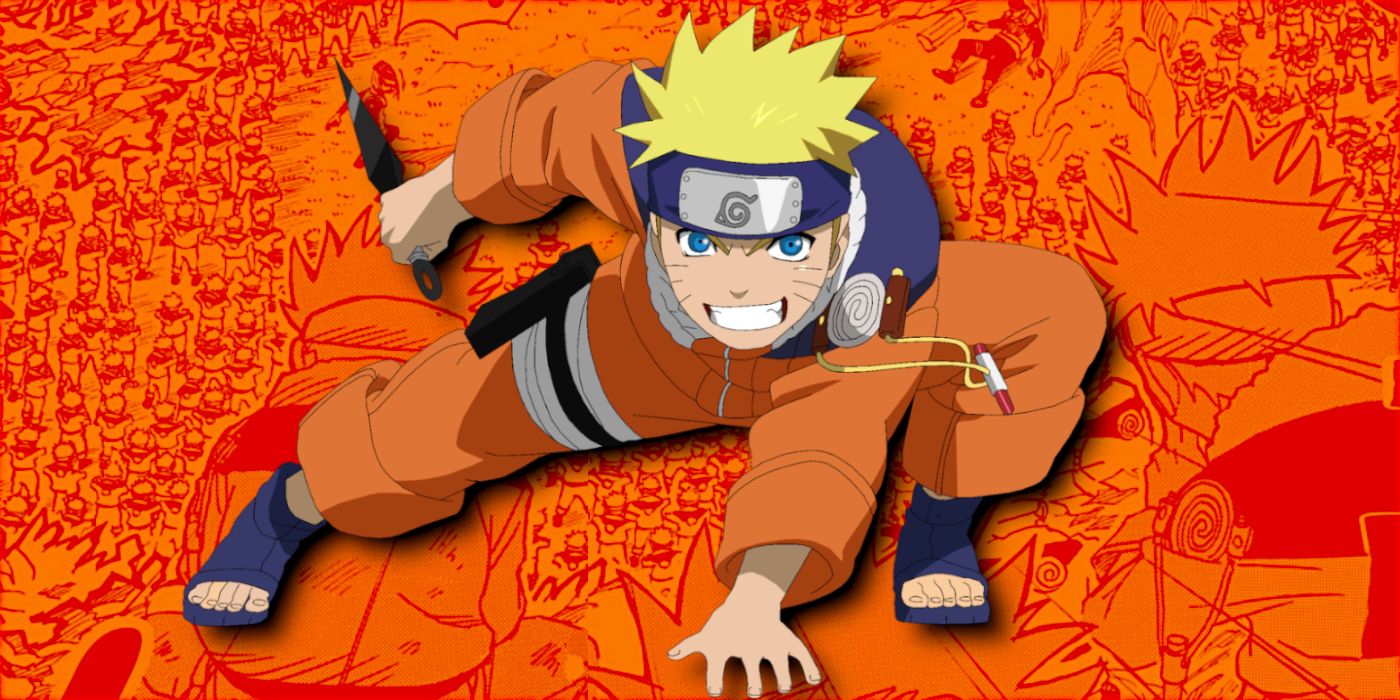 Collage style image featuring Naruto Uzumaki performing the clone jutsu for the first time in Naruto