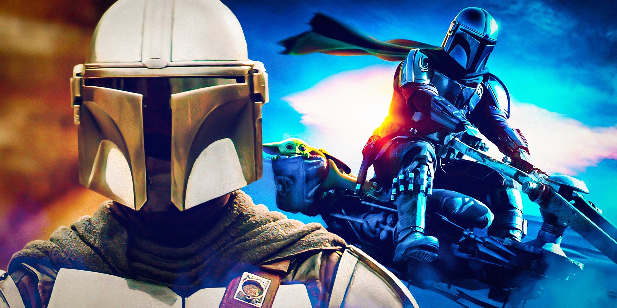 Din Djarin stands with his helmet on in The Mandalorian, edited with him and Grogu on a speeder bike