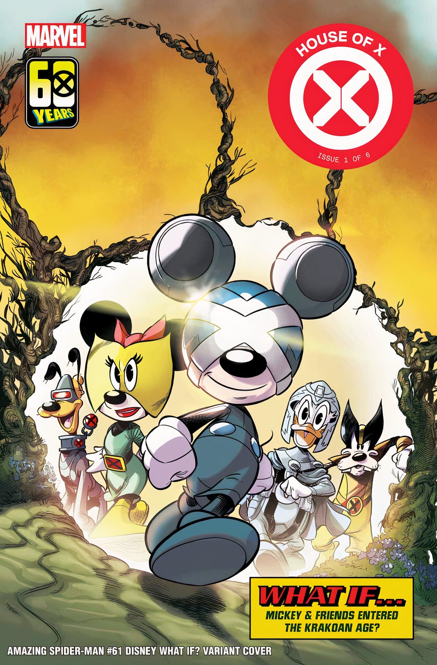 Mickey Mouse e seus amigos como os X-Men caminhando através de um Portão Krakoan.