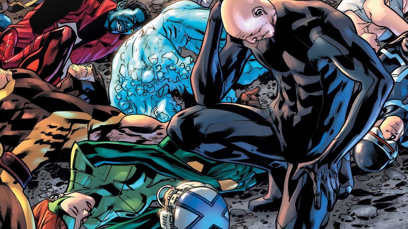 Charles Xavier ajoelhado sobre seus X-Men mortos, chorando em suas mãos.