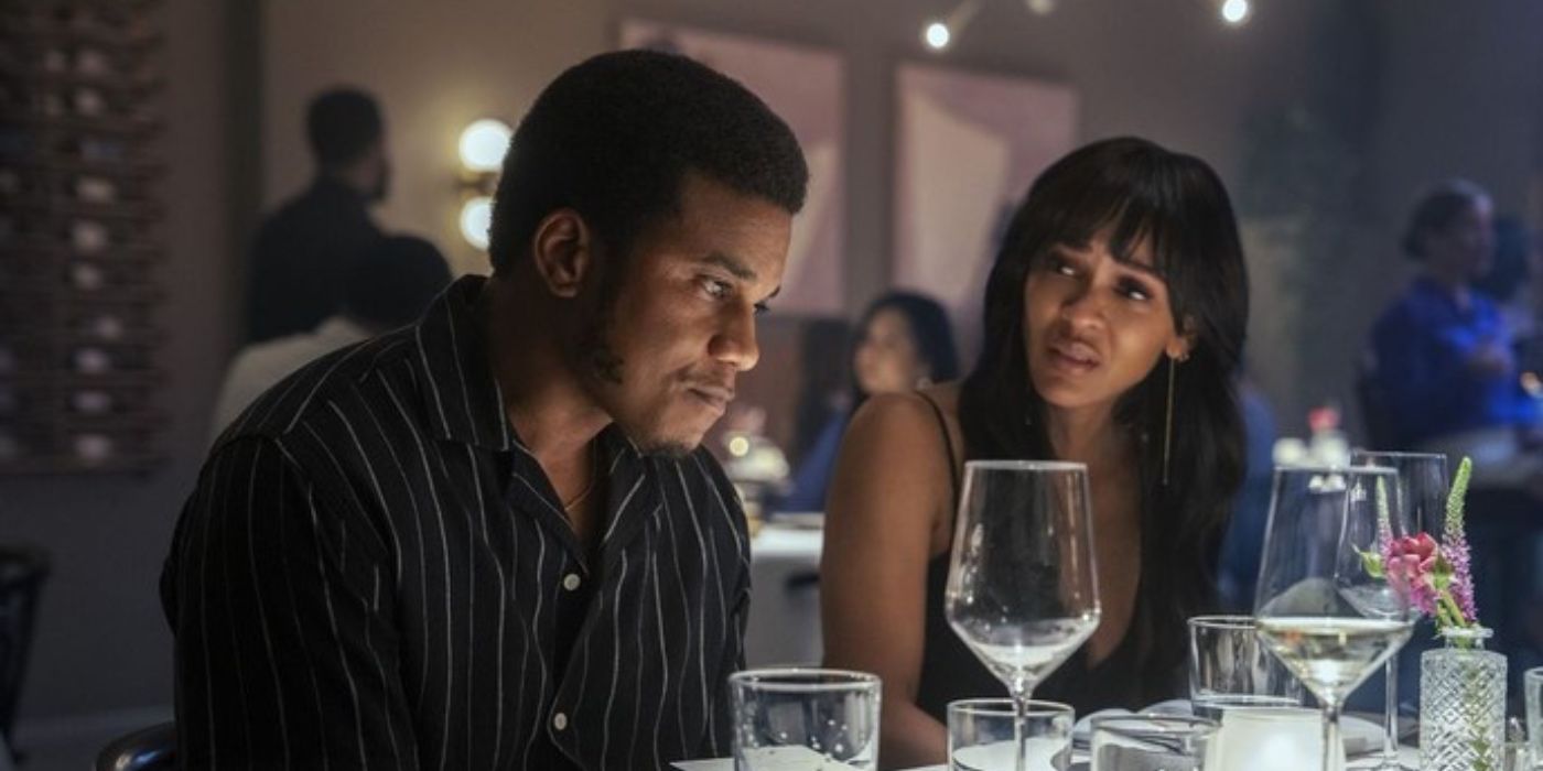 Meagan Good and Cory Hardrict argue at the dinner table in Divorce in the Black