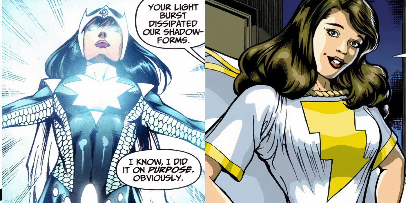 Doctor Light emitting light, Mary Marvel wearing a yellow-and-white costume