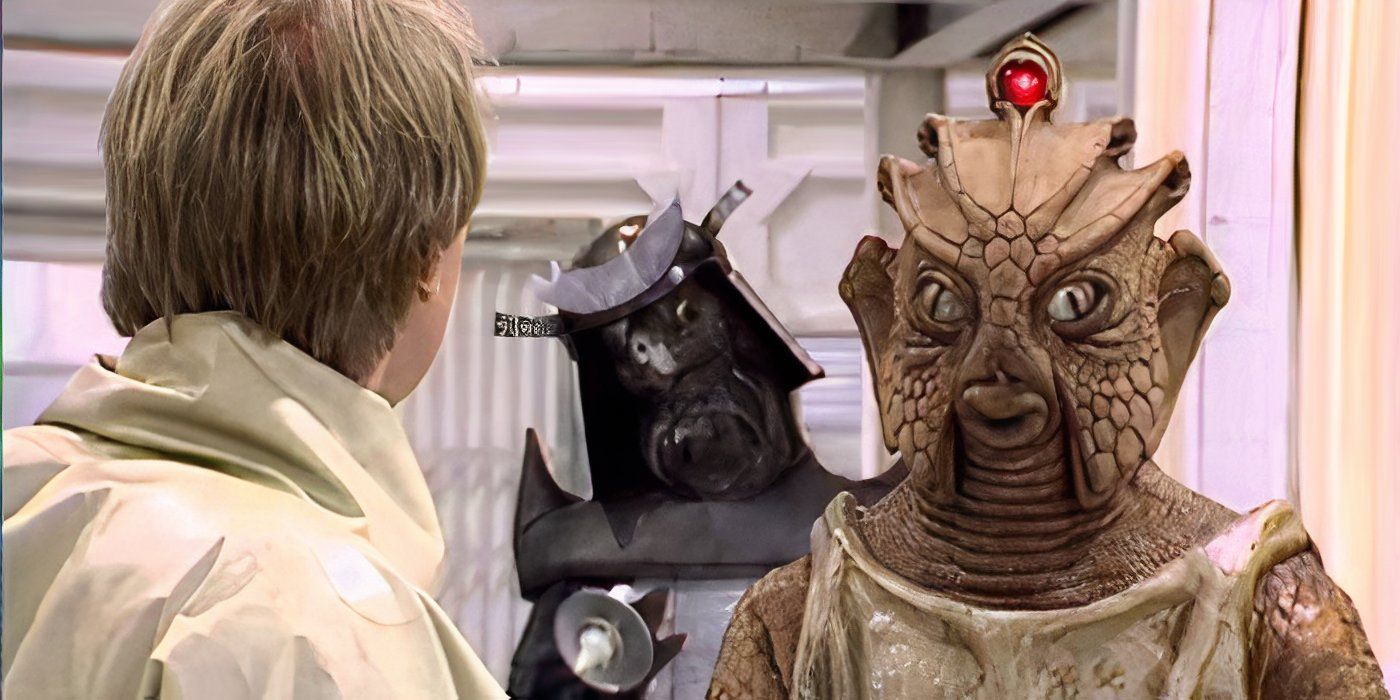 Icthar monster looking at a human with a samurai character behind it in Doctor Who 