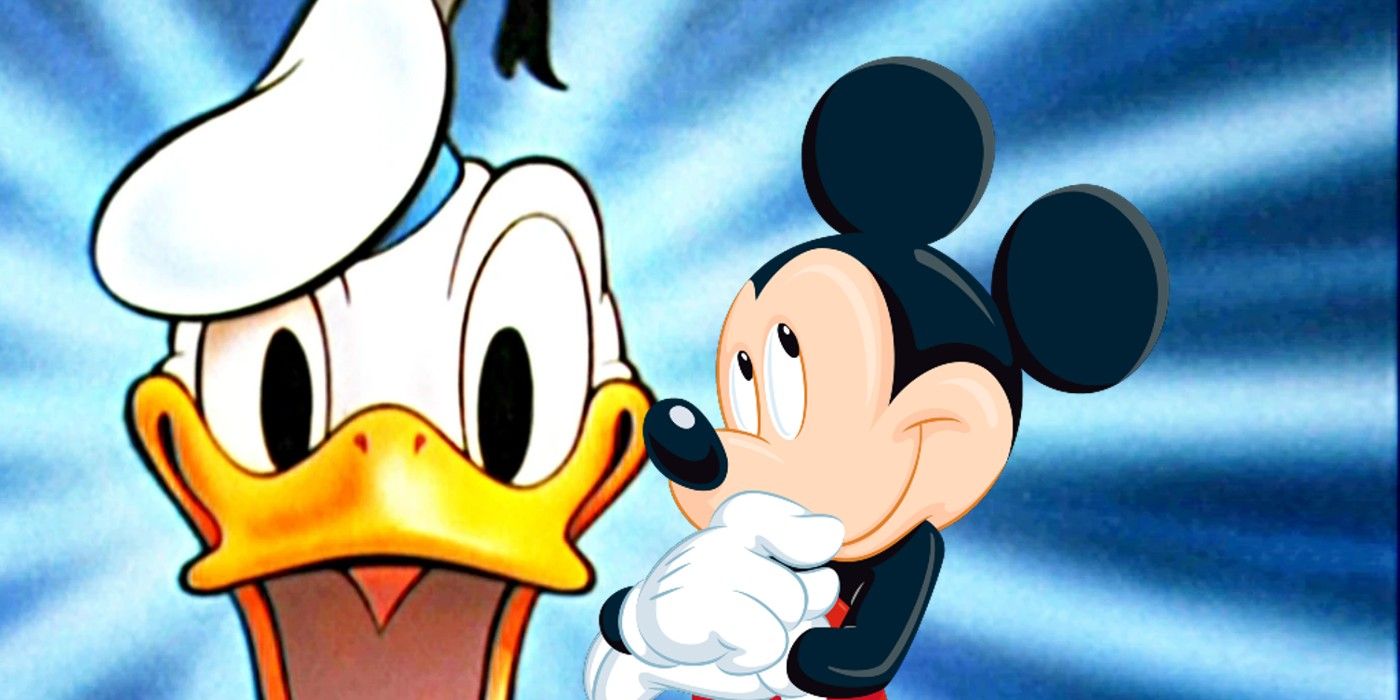 Mickey Mouse in a thinking pose with the face of Donald Duck in the background, surrounded by blue.